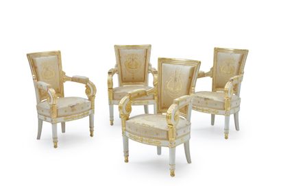 JACOB-DESMALTER, attribué à Important living room furniture in white and gilded relacquered...