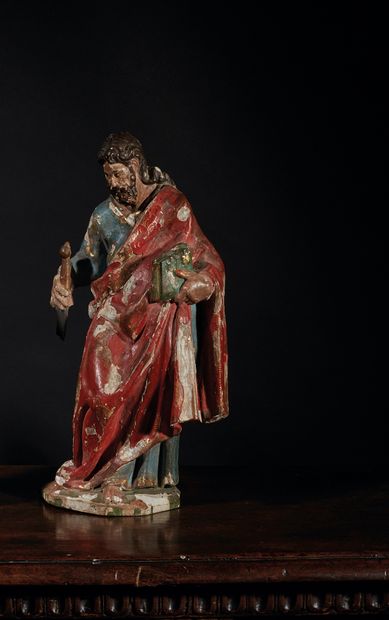 Saint Paul en chêne sculpté, polychromé et...