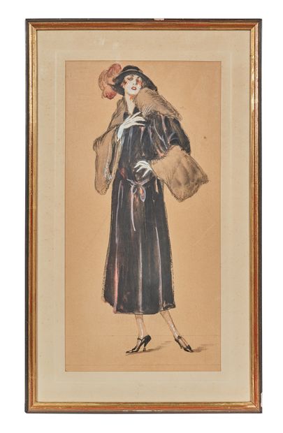 Jean-Gabriel DOMERGUE (1889-1962) 戴羽毛帽的优雅女人
水粉和石墨在双色纸上，无签名 31.5 x 15.5 cm