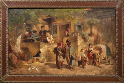 Ecole italienne, XIXème siècle 热闹的村庄
布面油画（背面有4块，意外）
87 x 144 cm 约。