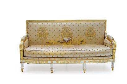 JACOB-DESMALTER, attribué à Important living room furniture in white and gilded relacquered...