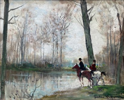 Jules René HERVÉ (1887-1981) 池塘边的骑手
木板油画，右下方有签名，背面有会签
22 x 27 cm