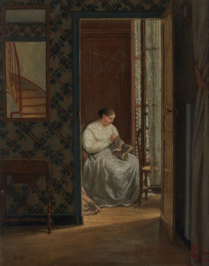 Ecole FRANÇAISE, XIXe siècle 工作中的女人
木框上的铜质油画，有 "PC "字样，日期为 "1865年6月31日"（？）
28 x 22,5...