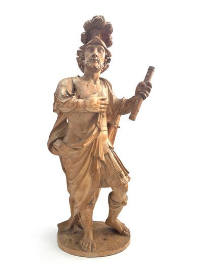 null Military saint in sculpted limewood, hollowed out back. Standing with his left...
