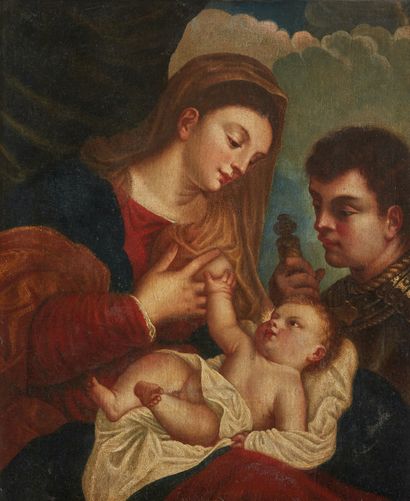 Ecole VENITIENNE, XVIIe siècle, suiveur de TITIEN Vierge à l'Enfant avec saint Maurice
Toile...