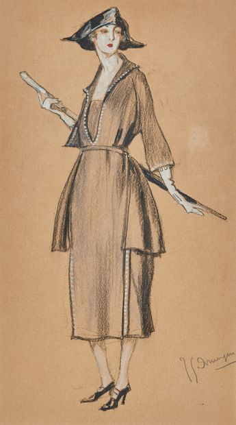 Jean-Gabriel DOMERGUE (1889-1962) 带伞的优雅女人
水粉和石墨在双色纸上，右下角签名
31 x 17.5 cm