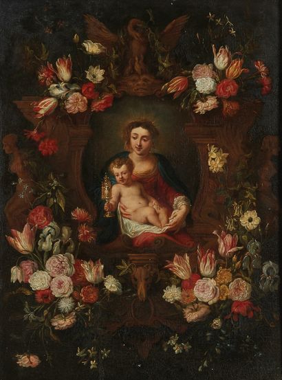 Ecole FLAMANDE, vers 1650 Vierge à l'Enfant dans une guirlande de fleurs
Panneau...