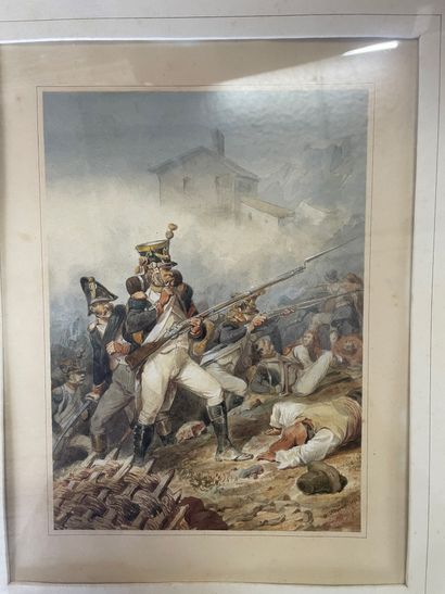Ecole FRANÇAISE, XIXe siècle The battlefield Watercolor and gouache on paper, signed...
