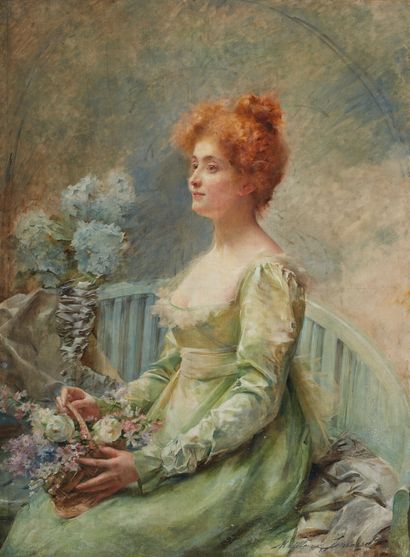 Madeleine LEMAIRE (1845-1928) Elégante au jardin d'hiver
布面油画，右下角签名
130 x 97 cm
(restorations)
Madeleine...