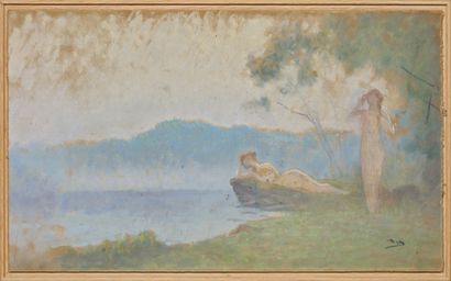 Alphonse OSBERT (1857-1939) Deux femmes au lac
Huile sur panneau, signée du monogramme...