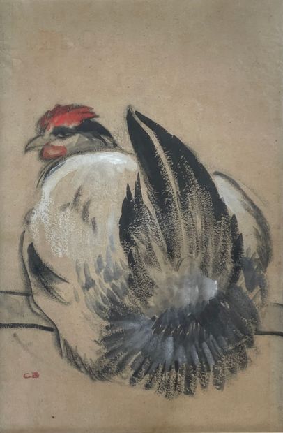 Charles Théodore BICHET (1863-1919/29) La poule pastel gouaché signé au cachet en...