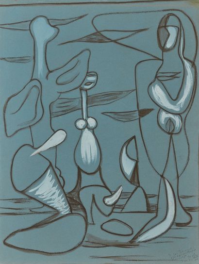 Wolfgang PAALEN (1907-1959) Figures, juillet 1936
Gouache et fusain sur papier bleu,... Gazette Drouot