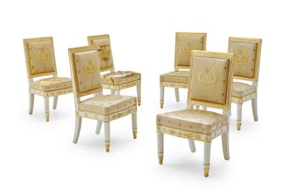 JACOB-DESMALTER, attribué à Important living room furniture in white and gilded relacquered...