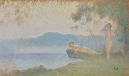 Alphonse OSBERT (1857-1939) Deux femmes au lac
Huile sur panneau, signée du monogramme...