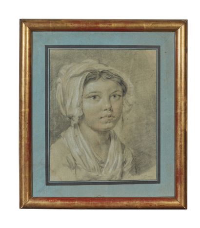 Ecole FRANÇAISE, XVIIIe siècle Portrait of a young girl with a bonnet Black stone,...