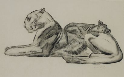 Paul JOUVE (1878-1973) 雌狮和她的幼崽，1927年
Japon nacré纸上的原始蚀刻画
签名，并标有艺术家的证明，中心下方
豹头右下方的干印
这幅蚀刻画在Japon纸上印制了50份编号版
41...
