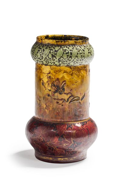 Emile GALLE (1846-1904) Vase soliflore with bulging body and neck in enamelled earthenware...