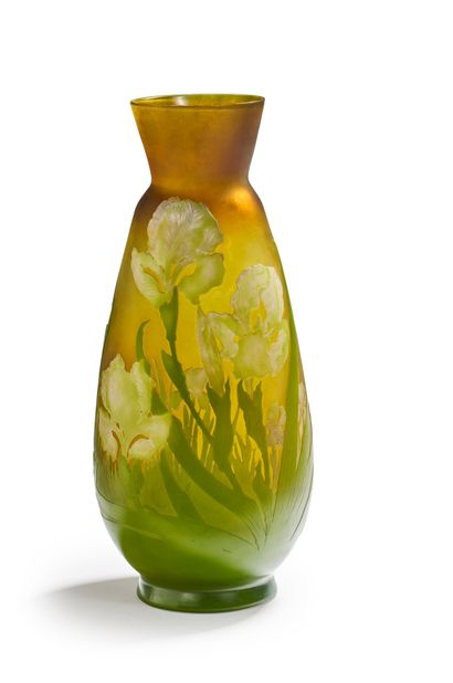 Etablissements GALLE 一个大的卵形花瓶，有喇叭形的颈部和内衬玻璃，上面有酸性蚀刻的绿色和黄色色调的鸢尾花装饰
签名："Gallé"
大约19...