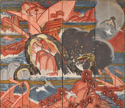 Emile Marie BEAUME (1888-1967) 特里斯坦和伊索特的传说
镶嵌在四块画板上的油画，右下角有Emile Beaume的签名，显示了特里斯坦与蛇的斗争，并有一段传说的摘录
199...