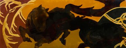 Travail français dans le goût d'Edouard DEGAINE 长方形漆木墙板，植物赭石背景上的棕色马，59.5 x 153厘米...
