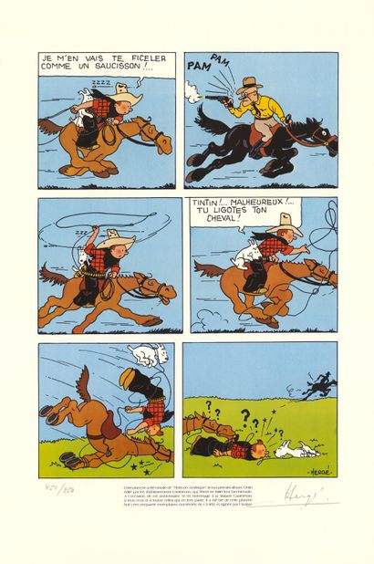 HERGÉ (1907-1983) Tintin en Amérique
Sérigraphie représentant le héros à cheval qui...