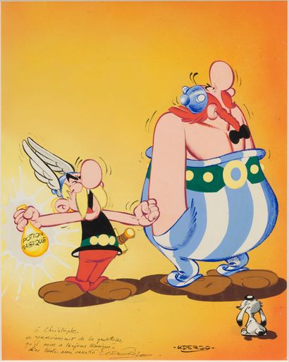 Albert UDERZO (1927-2020) # Asterix
纸上水粉画，用于Pilote杂志的封面，第489号，1969年3月20日。右下角有签名，左下角有献词。35,8...