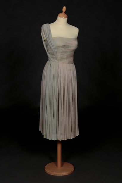 GRES Cocktail outfit. Dress in pleated silk jersey gray and almond green. The bustier,...