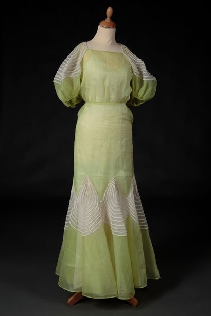 Garden party dress in white and green silk...