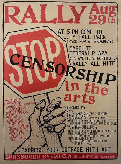 ANONYME Stop. Censorship in the arts. March to Federal Plazza. Rally all nite. Rally...