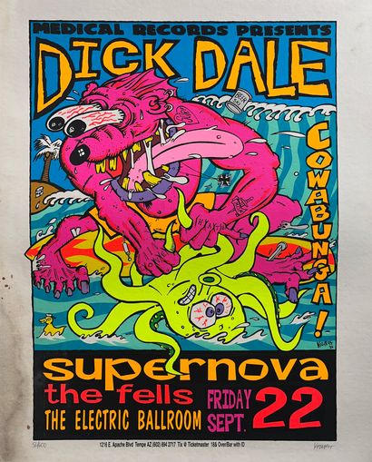 KOZIK Frank Affiche de concert pour le groupe Dick Dale, Supernova, The Fells. The...