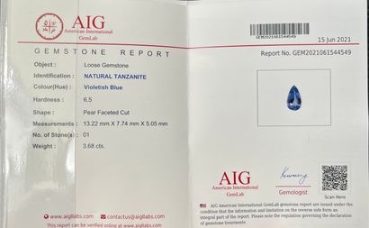null Tanzanite pear cut weighing 3.68 cts Accompanied by a certificate AIG attesting...