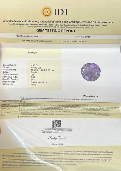 null Round amethyst weighing 4.46 cts. Accompanied by a certificate IDT