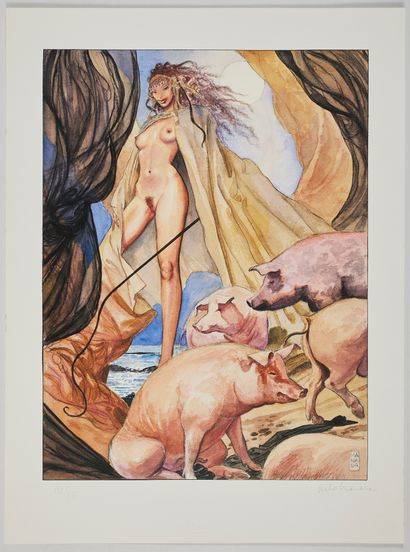 Manara * Sérigraphie/Offset : La femme aux cochons (67 x 50 cm) signée. Proche de...