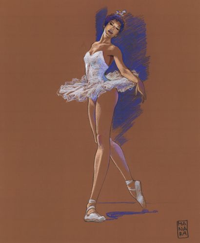 Milo MANARA (né en 1945) * La ballerine
Pastels sur papier de couleur.
Signé en bas...