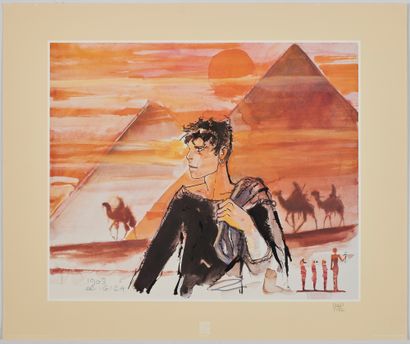 Hugo Pratt * Sérigraphie/Offset : Corto devant des pyramides (60 x 50 cm) signée....