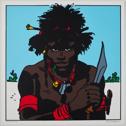 Hugo Pratt * Sérigraphie/Offset : Africain avec un couteau (50 x 50 cm) signée. Proche...