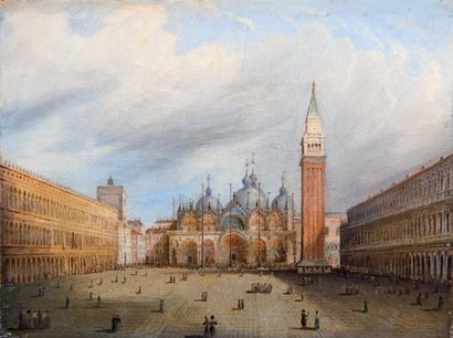 Carlo GRUBACS (Vers 1840-1870) «Venise, vue de la Place Saint-Marc» Toile d'origine,...
