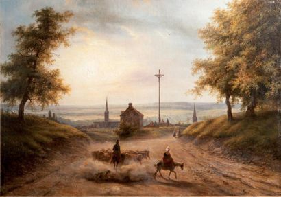 Louis MALLEBRANCHE (1790-1838) «Vue animée de la route de La Délivrande, Caen» Huile...
