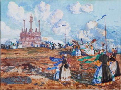 Ernest Pierre GUERIN (1887-1952) «Procession à Bloavez» Aquarelle gouachée, signée...