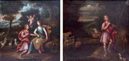 Ecole FRANÇAISE fin XVIIe siècle «Scènes Pastorales» Deux huiles sur toile formant...