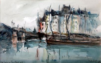 Fernand HERBO (1905-1995) «La Seine au Pont Neuf, 1928» Aquarelle, signée en bas...