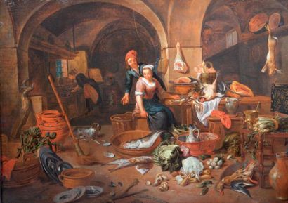 Jan Van BUKEN (Anvers 1635-1694) «Un couple à l'intérieur d'une cuisine avec une...