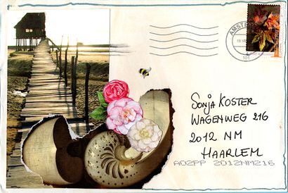 GAERTNER Coco Vers la maison sur pilotis / Enveloppe mail-Art / Collage sur papier...