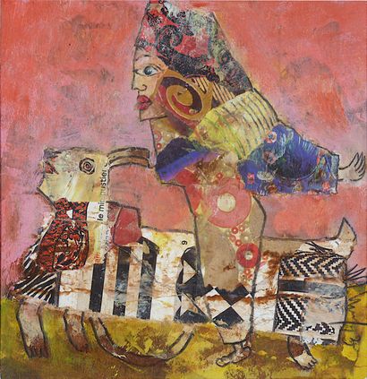 DEPADOVA Valérie Riding the beast / Mixed media and collage on grey cardboard / 14.5...
