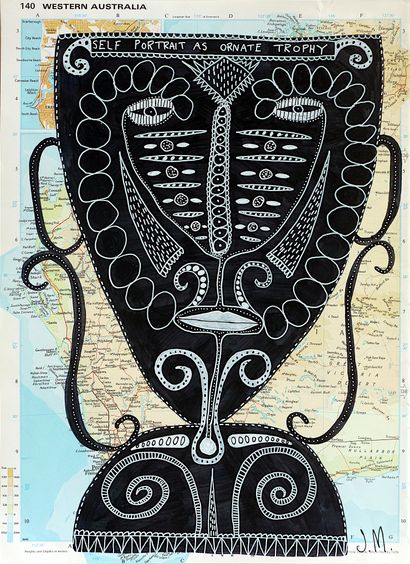 McKIE John Self portrait as ornate trophy / Mixed media on a geographic atlas page...