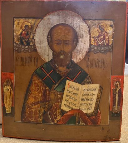 null Icône, Russie, XIXe siècle
Saint Nicolas de Myre en Lycie, dans les cartouches...