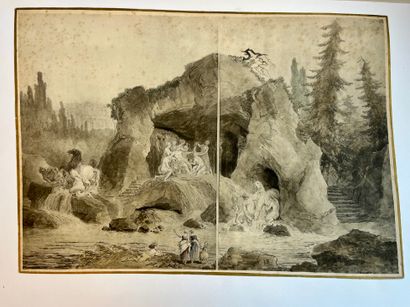  Hubert Robert d’après  Cascades animées Lavis d’encre 30 x 43 cm Gazette Drouot
