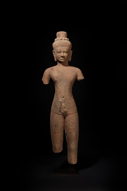 null Statuette of Shiva in grey sandstone, standing, wearing a pleated dhoti, eyes...