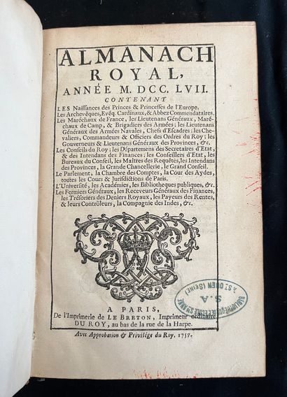 null [ALMANACH]
Almanach royal pour l'an MDCCLVII. Paris, chez Le Breton rue de la...