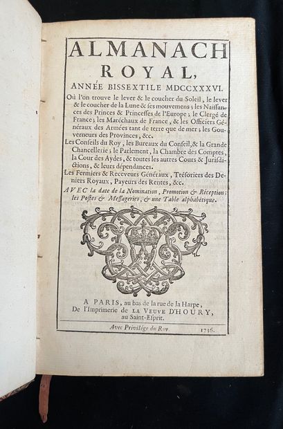 null [ALMANACH]
Almanach royal pour l'an MDCCXXXVI. Paris chez veuve d'Houry au Saint-Esprit....